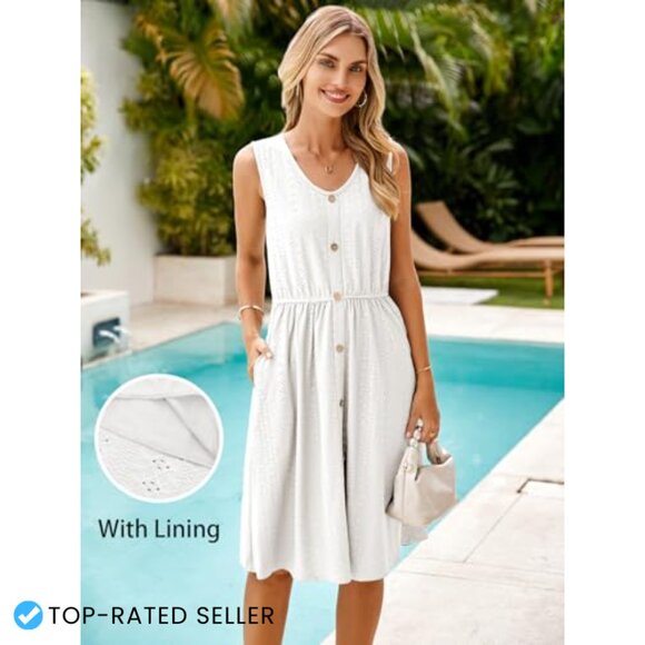 Sleeveless Sundress Eyelet Button Down Flowy Mini Dress with Pocket Casual Chic - Picture 4 of 7